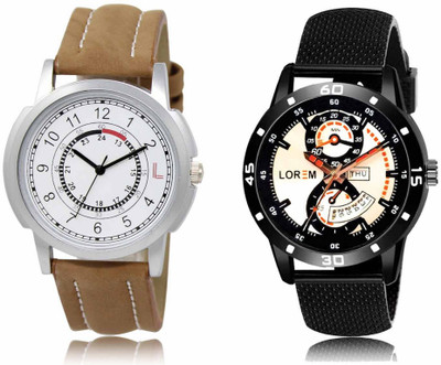 LOREM Set Of 2 Casual Round Men Watches Synthetic Leather Analog Watch  - For Men