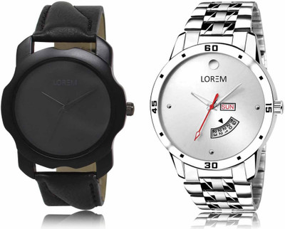 LOREM Set Of 2 Casual Round Men Watches Synthetic Leather And Stainless Steel Analog Watch  - For Men