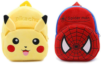 STARYANS Spiderman & Pikachu Combo Teddy Bear Soft Toy Kids Plush Bag School Bag(Yellow, Red, 10 L)