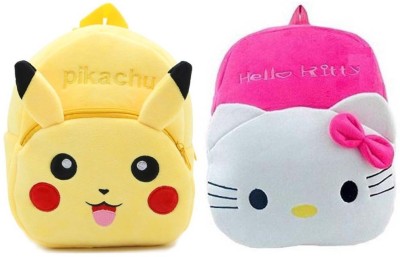 DESTINO School Bag For Kids kitty pikachu Soft Plush Backpack For Small Kids Nursery Bag Waterproof Backpack(Pink, Yellow, 10 L)