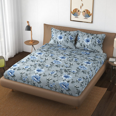 TURIYA Microfiber Double Flat 160 TC Floral Bedsheet(Pack of 1, Grey)