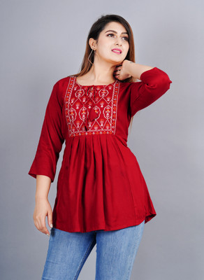 DRASHTI Women Embroidered Flared Kurta(Maroon)