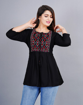 Sanganer Export Women Embroidered Flared Kurta(Black)