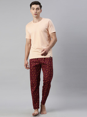 JOVEN Men Printed Beige, Maroon Top & Pyjama Set