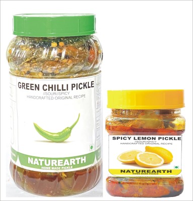 NaturEarth Green Chilli Pickle & Spicy Lemon Pickle Combo ( 400+200 Gm) Maa Ke Achar Green Chilli Pickle(2 x 300 g)