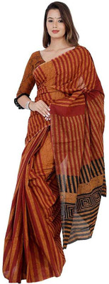 hastshilpi Printed, Color Block, Blocked Printed Daily Wear Pure Cotton Saree(Brown)