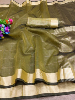 ZUUL Self Design, Striped Bollywood Organza Saree(Green)