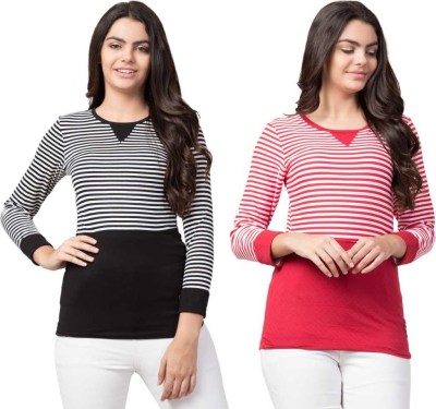 xpecto style Striped Women Round Neck Red, Black T-Shirt