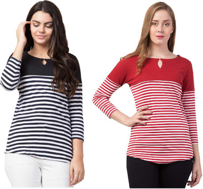 xpecto style Striped Women Key Hole Neck Red, Black T-Shirt