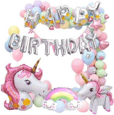 Bash N Splash Printed Happy Birthday Set Magical Unicorn Balloon Pastel Balloon 4D Unicorn & Rainbow Balloon(Multicolor, Pack of 65)