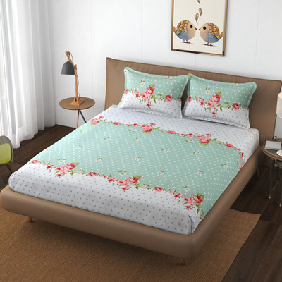 HIDECOR 250 TC Polycotton Double Printed Flat Bedsheet(Pack of 1, Green)