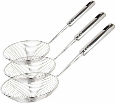 Aric Multiuses Stainless Steel Deep Fry Jhara Skimmer Strainer Collapsible Deep Frying Basket(Silver Pack of 3)