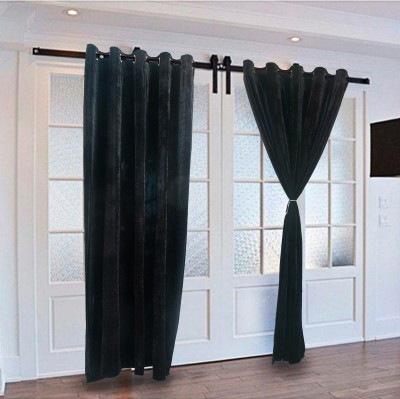 Dulhan 213.36 cm (7 ft) Velvet Room Darkening Door Curtain (Pack Of 2)(Solid, Black)
