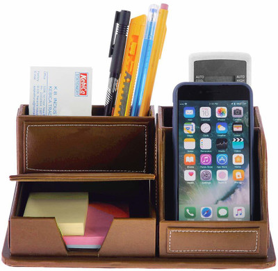 SMKT 4 Compartments PU Leather Multi-Function Desk Stationery Organizer(Tan)