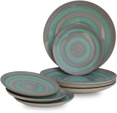 VolCraft Pack of 8 Ceramic HandPainted SeaGreen Grey 4 Dinner & 4 Quarter Plate Dishwasher & Microwave Safe Dinner Set(Green, Grey, Microwave Safe)