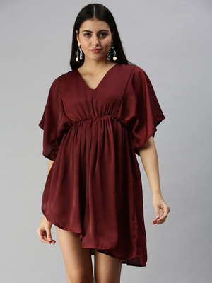 SHOWOFFFF Women A-line Maroon Above Knee/Mid Thigh Length Dress
