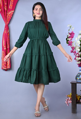 JOGINI Women Fit and Flare Dark Green Below Knee Dress