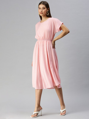 SHOWOFFFF Women A-line Pink Midi/Calf Length Dress