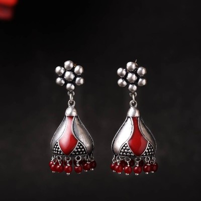 Voylla Rangabati Maroon Embellishments Jhumka Earrings Pearl Brass Jhumki Earring