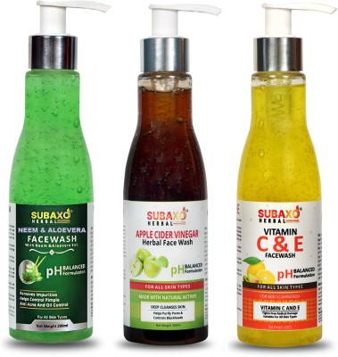 Subaxo Herbal Neem & Aloevera & Apple Cider Vinegar &Vitamin C ,E  Each 200 ml Face Wash(600 ml)