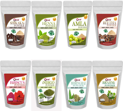 OEHB Amla,Reetha,Shikakai,Bhringraj,Hibiscus,Brahmi,Indigo and HennaPowder400gEach50g(400 g)