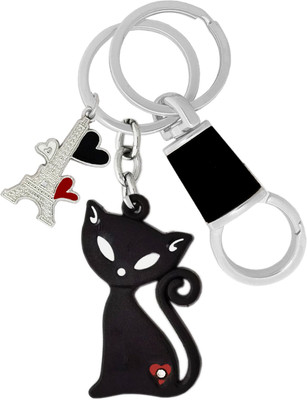 KYP Fashion Fashionable Charm Cute Cat Kitten & Eiffel Tower Shape Pendant Keyring Black Key Chain