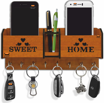 Heritagecrafts Beautiful Designer Sweet Home Wooden 2 Pocket Mobile and Pen holder 8 Hooks Wood Key Holder(8 Hooks, Brown)