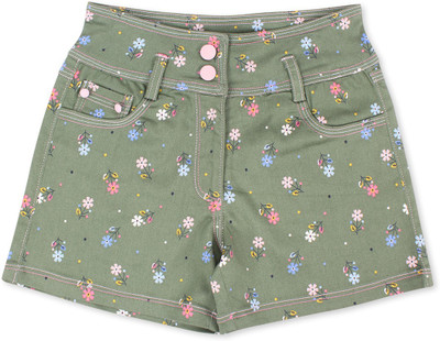 Cutecumber Short For Baby Girls Casual Printed Denim(Green, Pack of 1)