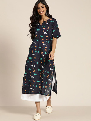 Sangria Women Printed Straight Kurta(Dark Blue)