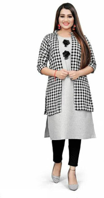 Laddeez Women Checkered Straight Kurta(White, Grey)