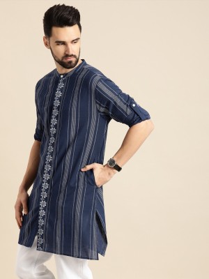 ANOUK Men Striped Straight Kurta(Dark Blue)