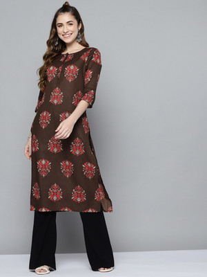 HERE&NOW Women Printed Straight Kurta(Brown)