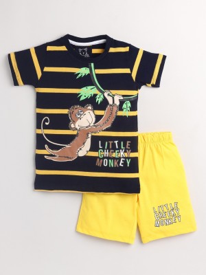 Lazy Shark Boys Printed, Striped Yellow, Blue Top & Shorts Set