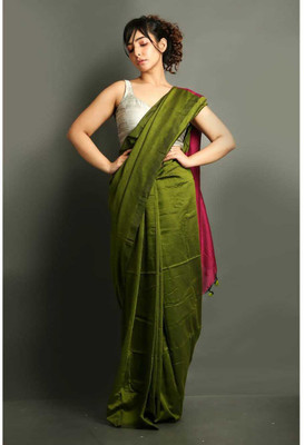 RMS Collections Color Block Handloom Cotton Silk Saree(Dark Green)