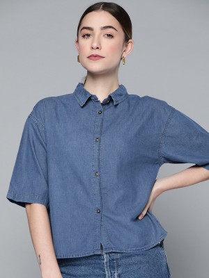 CHEMISTRY Women Solid Casual Blue Shirt