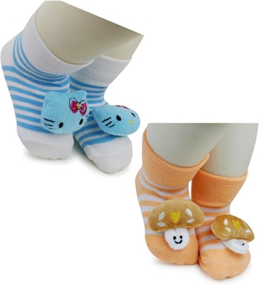 Neska Moda 6 To 12 Months Baby Set Of 2 Pair Cotton Anti Slip Face Ankle Socks/ Booties(Toe to Heel Length - 12 cm, Light Blue, White, Orange, Brown)