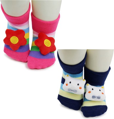 Baby Bloom Baby Boys & Girls 0 To 2 Years 2 Pair Cotton Star and Cat Face Ankle Socks/ Booties(Toe to Heel Length - 12 cm, Pink, Red, Dark Blue, White)