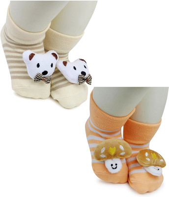 Neska Moda 3 To 12 Months Baby Set Of 2 Pair Cotton Anti Slip Face Ankle Socks/ Booties(Toe to Heel Length - 12 cm, Beige, White, Orange, Brown)