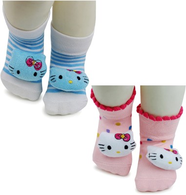 Baby Bloom Baby Boys & Girls 0 To 2 Years 2 Pair Cotton Cat Face Ankle Socks/ Booties(Toe to Heel Length - 12 cm, Light Blue, White, Baby Pink)