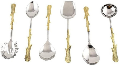 MFU-MADE FOR YOU Serving Spoon Set of 6 Silver and Golden Finished Stainless Steel Serving Spoon Set(Pack of 6)