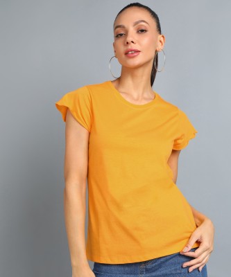 METRONAUT Solid Women Round Neck Yellow T-Shirt