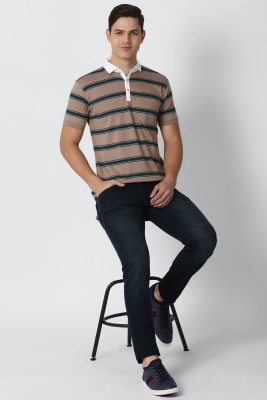 PETER ENGLAND Striped Men Polo Neck Beige T-Shirt
