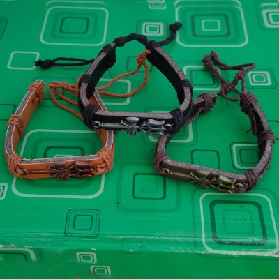 M Men Style Leather Rhodium Bracelet(Pack of 3)
