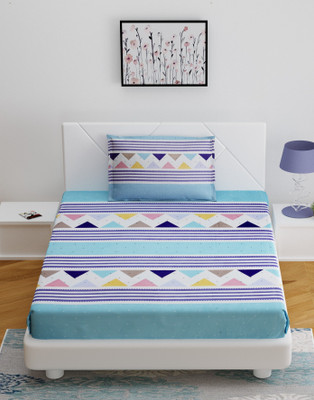 AVINYA 210 TC Microfiber Single Floral Fitted (Elastic) Bedsheet(Pack of 1, Blue Zik)