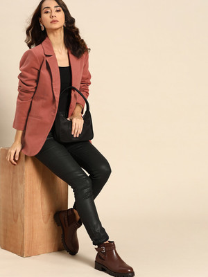 all about you Solid Single Breasted Casual Women Blazer(Pink)