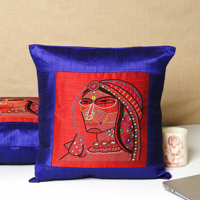 Indha Craft Dupion Silk Cushions Cover(40 cm*40 cm, Pack of 2, Blue)