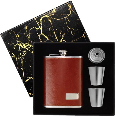 JMALL 1185 Brown Faux Leather With 2 Shot Glasses And 1 Funnel Great Set Stainless Steel Hip Flask(235 ml)