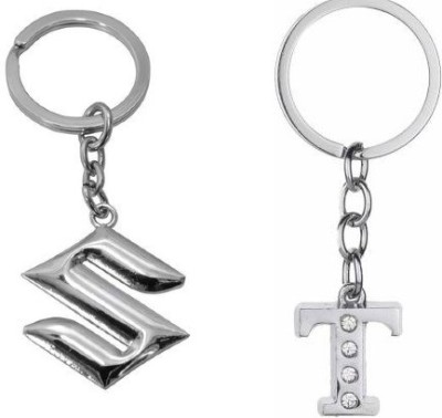 Deethyas Fashion Pack of 2 Car Bike Logo And Alphabet T letter Stone Decorative Metal Key Chain