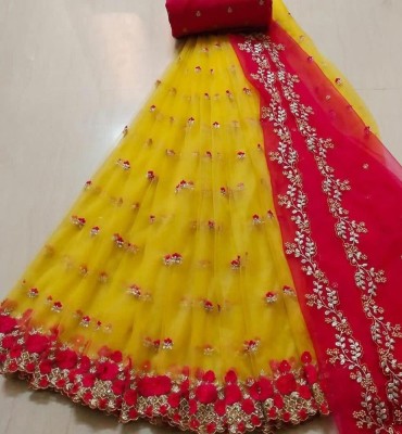 lalu creation Embroidered Semi Stitched Lehenga Choli(Yellow, Pink)