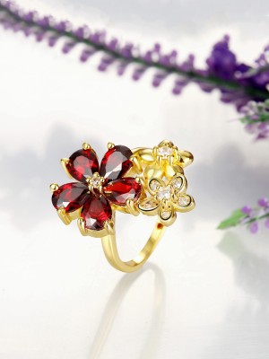 YELLOW CHIMES Floral Shaped Swiss Zircon Studded Gold Plated Red Adjustable Ring for Women Metal Ring